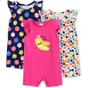 PATPAT 3 Pack Baby Girl Romper Cute Floral Ruffle Sleeve Summer Outfits Infant Girl Jumpsuit Multiple Pack 0-24Months