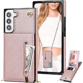 Crossbody Wallet Case for Samsung Galaxy S21 with Card Holder, Purse Cover Removable Cross Body Strap for Samsung Galaxy S21 Zipper Phone Case Black