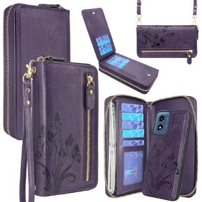 Lacass Wallet for Motorola Moto G Play 4G 2024, Crossbody Dual Zipper Detachable Magnetic Leather Wallet Case Cover Wristlets Wrist Strap 13 Card Slots Money Pocket(Floral Dark Purple)