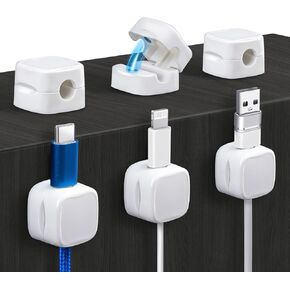 Magnetic Cable Clips, 6 Pack Cord Organizer Holder, White Charging Cable Keeper (Cable Smooth Adjustable), Adhesive Cable Management Phone USB Charger Holder for Home Office Car Desk Wall Nightstand