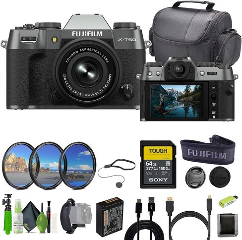 كاميرا Fujifilm X-T50 الرقمية بدون مرآة XC15-45mmF3.5-5.6 مجموعة عدسات OIS PZ مع بطاقة ذاكرة SF-M Tough UHS-II سعة 64 جيجابايت + مجموعة مرشح Mc Pro + حقيبة Camara + المزيد من الملحقات - فضي فحمي in Saudi Arabia
