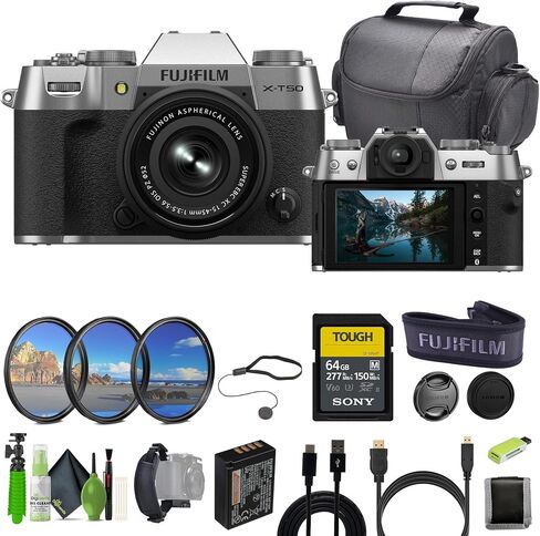 كاميرا Fujifilm X-T50 الرقمية بدون مرآة XC15-45mmF3.5-5.6 مجموعة عدسات OIS PZ مع بطاقة ذاكرة SF-M Tough UHS-II سعة 64 جيجابايت + مجموعة مرشح Mc Pro + حقيبة Camara + المزيد من الملحقات - فضي فحمي in Saudi Arabia