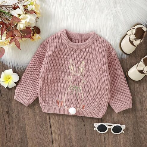 Toddler Baby Girls Easter Outfit Long Sleeve Bunny Embroidery Crewneck Sweater Infant Baby Girl Cute Knitted Top in Saudi Arabia