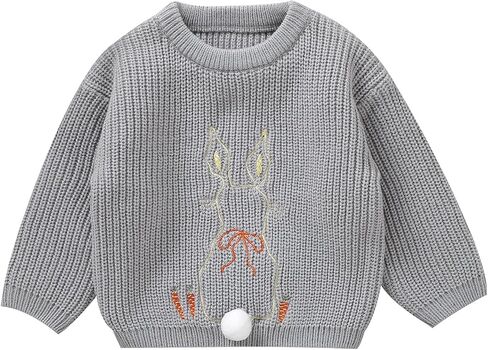 Toddler Baby Girls Easter Outfit Long Sleeve Bunny Embroidery Crewneck Sweater Infant Baby Girl Cute Knitted Top in Kuwait