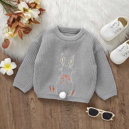 Toddler Baby Girls Easter Outfit Long Sleeve Bunny Embroidery Crewneck Sweater Infant Baby Girl Cute Knitted Top in Kuwait