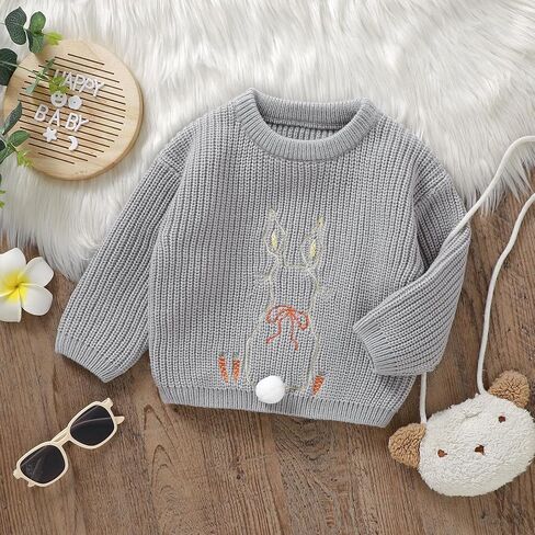 Toddler Baby Girls Easter Outfit Long Sleeve Bunny Embroidery Crewneck Sweater Infant Baby Girl Cute Knitted Top in Kuwait