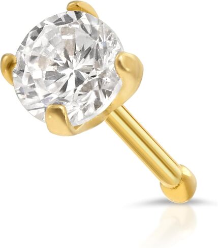 EVAYA 14K Gold Nose Stud, 20 Gauge CZ Prong Set Simulated Diamond - Women Real Gold, Solid Gold Nose Stud in Saudi Arabia
