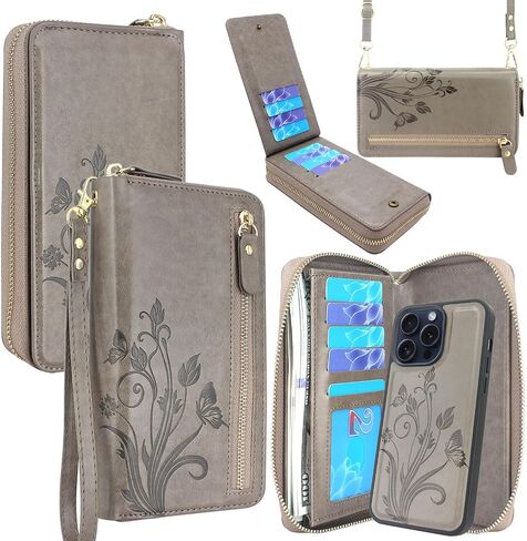 Lacass Case Wallet Compatible with iPhone 15 Pro 6.1 inch 2023, Crossbody Dual Zipper Detachable Leather Wallet phone case Cover (Floral Gray) in Saudi Arabia