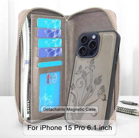 Lacass Case Wallet Compatible with iPhone 15 Pro 6.1 inch 2023, Crossbody Dual Zipper Detachable Leather Wallet phone case Cover (Floral Gray) in Saudi Arabia