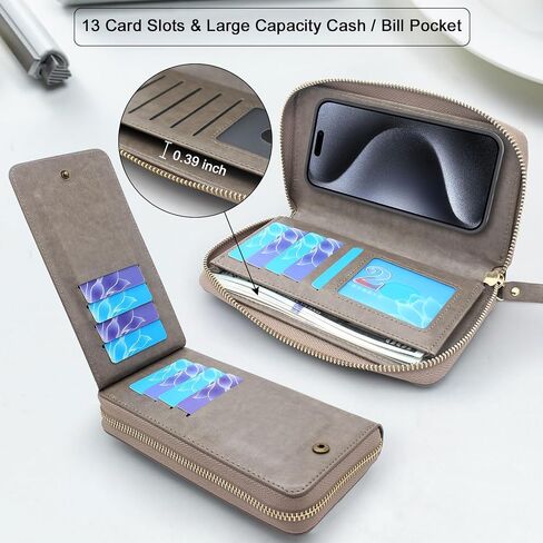 Lacass Case Wallet Compatible with iPhone 15 Pro 6.1 inch 2023, Crossbody Dual Zipper Detachable Leather Wallet phone case Cover (Floral Gray) in Saudi Arabia