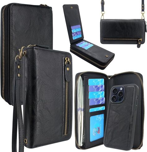 Lacass Case Wallet Compatible with iPhone 15 Pro 6.1 inch 2023, Crossbody Dual Zipper Detachable Leather Wallet phone case Cover (Floral Gray) in Saudi Arabia
