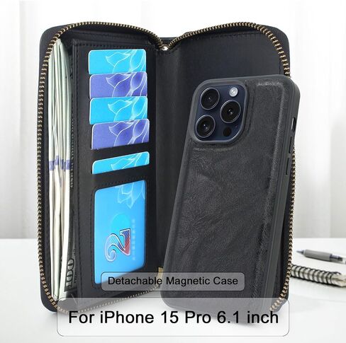Lacass Case Wallet Compatible with iPhone 15 Pro 6.1 inch 2023, Crossbody Dual Zipper Detachable Leather Wallet phone case Cover (Floral Gray) in Saudi Arabia