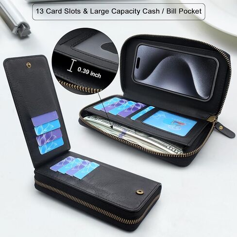 Lacass Case Wallet Compatible with iPhone 15 Pro 6.1 inch 2023, Crossbody Dual Zipper Detachable Leather Wallet phone case Cover (Floral Gray) in Saudi Arabia