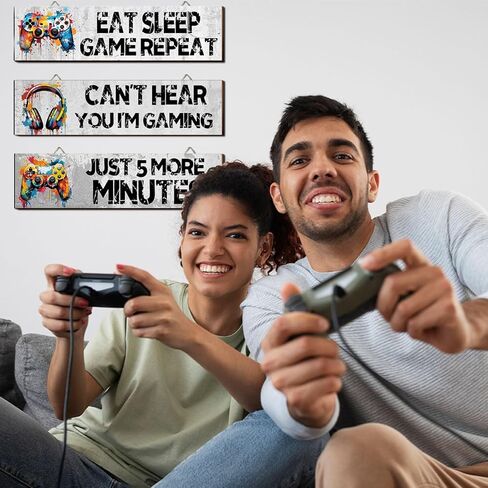3Pcs Game Wall Art Wooden Sign, Little Man Cave Sign Hanging, Game Hanging Wall Art Decor Sign, Gamer Wall Plaques Decor for Boys Kids Bedroom Playroom Nursery in Kuwait