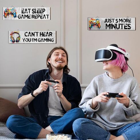 3Pcs Game Wall Art Wooden Sign, Little Man Cave Sign Hanging, Game Hanging Wall Art Decor Sign, Gamer Wall Plaques Decor for Boys Kids Bedroom Playroom Nursery in Kuwait