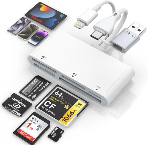 قارئ بطاقات Sd لكاميرا iPhone، قارئ بطاقات ذاكرة USB 3.0 متعدد 5 في 1 لبطاقات SD، TF، CF، XD، MS، عارض كاميرا عالية السرعة لهاتف iPhone Galaxy in Saudi Arabia