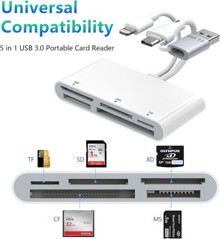 قارئ بطاقات Sd لكاميرا iPhone، قارئ بطاقات ذاكرة USB 3.0 متعدد 5 في 1 لبطاقات SD، TF، CF، XD، MS، عارض كاميرا عالية السرعة لهاتف iPhone Galaxy in Saudi Arabia