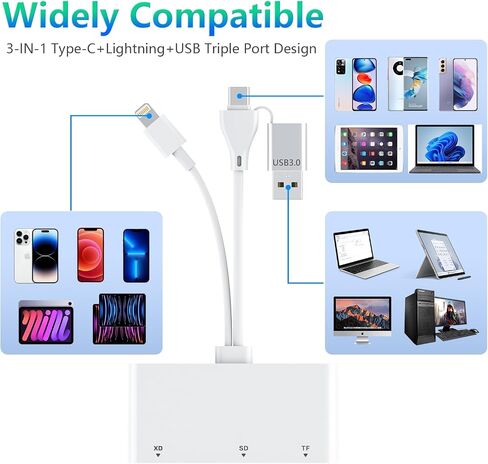 قارئ بطاقات Sd لكاميرا iPhone، قارئ بطاقات ذاكرة USB 3.0 متعدد 5 في 1 لبطاقات SD، TF، CF، XD، MS، عارض كاميرا عالية السرعة لهاتف iPhone Galaxy in Saudi Arabia