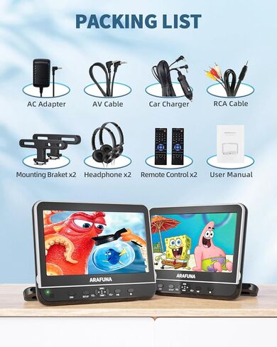 Arafuna 10.52 بوصة مشغل DVD محمول للسيارة مع سماعات الرأس، مشغل DVD للسيارة شاشة مزدوجة مع مدخل HDMI 1080P شاهد نفس الأفلام والأفلام المختلفة، يدعم بطاقة USB/SD، تلفزيون محمول مزدوج للسيارة مع حامل in Kuwait