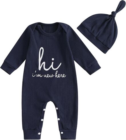 aporake Baby Boy Girl Clothes Hi I'm New Here Newborn Outfit One Piece Romper Bodysuit Jumpsuit+hat Newborn Hospital Outfit in Saudi Arabia