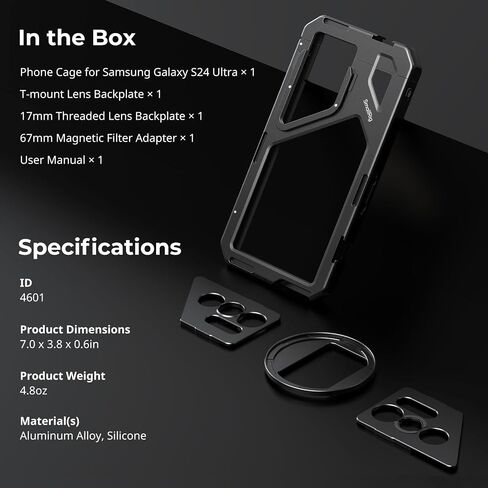 SmallRig for Samsung Galaxy S24 Ultra Phone Cage (QR Design) with 67mm Filter Adapter, T Mount Lens Backplate, 17mm Lens Backplate, Mobile Video Rig for S24 Ultra for Moment T Series Lenses-4601 in Saudi Arabia