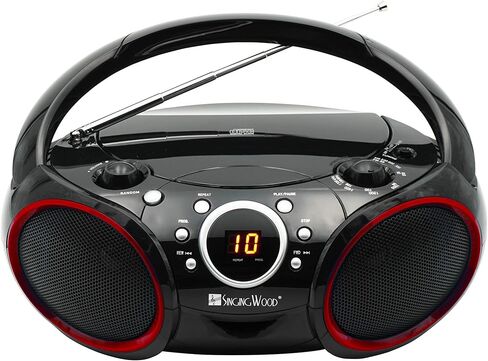SINGING WOOD Portable CD Player AM FM Analog Tuning Radio with Aux Line in, Headphone Jack, Foldable Carrying Handle (Black with a Touch of Red Rims) (Renewed) in Saudi Arabia