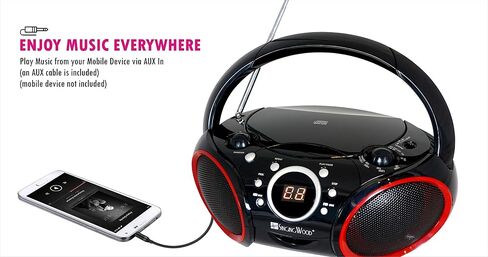 SINGING WOOD Portable CD Player AM FM Analog Tuning Radio with Aux Line in, Headphone Jack, Foldable Carrying Handle (Black with a Touch of Red Rims) (Renewed) in Saudi Arabia