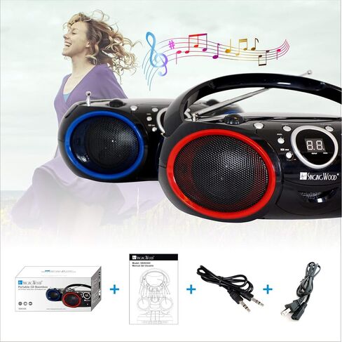 SINGING WOOD Portable CD Player AM FM Analog Tuning Radio with Aux Line in, Headphone Jack, Foldable Carrying Handle (Black with a Touch of Red Rims) (Renewed) in Saudi Arabia