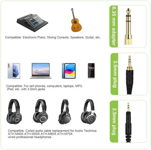 كابل ATH-M50x بديل ملفوف سلك Aux متوافق مع سماعات الرأس Audio Technica ATH-M50x / ATH-M40x / ATH-M70x / ATH-M60X، مع محول 6.35 مم (1/4 بوصة) in Kuwait