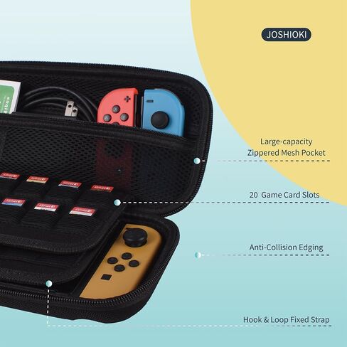 حقيبة حمل JOSHIOK متوافقة مع وحدة تحكم Nintendo Switch وSwitch OLED - حقيبة واقية صلبة محمولة للسفر مع 20 خرطوشة ألعاب لوحدة التحكم والملحقات بسحاب أسود in Saudi Arabia
