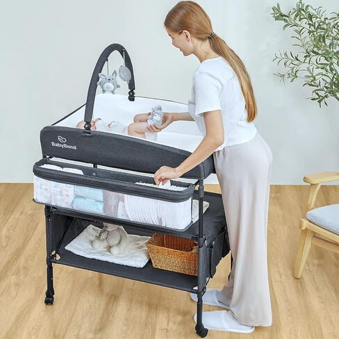 BabyBond Portable Baby Changing Table with 2 Storage Baskets (Beige) | Large Storage Foldable Changing Table for Infant and Newborn, Height Adjustable Diaper Changing Table with Lockable Wheels in Saudi Arabia