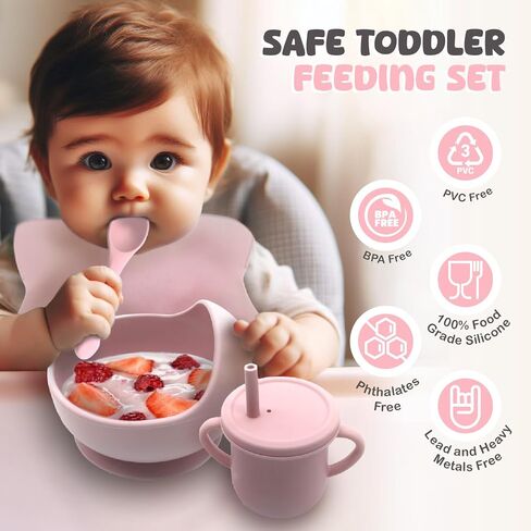 Silicone Baby Feeding Set, Baby Plates and Bowls Set, Suction Plates for Baby, Baby Feeding Essentials, Baby Led Weaning Supplies, Baby Plates with Suction, Baby Utensils, Regular, Dusty Blue in Saudi Arabia