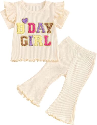 Kayotuas Toddler Baby Girl Birthday Outfit Ruffle Ribbed Knit Short Sleeve T-Shirts Tops Flare Pants Cute 2 Piece Clothes Set in Saudi Arabia