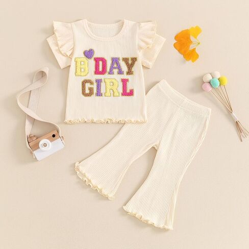Kayotuas Toddler Baby Girl Birthday Outfit Ruffle Ribbed Knit Short Sleeve T-Shirts Tops Flare Pants Cute 2 Piece Clothes Set in Saudi Arabia