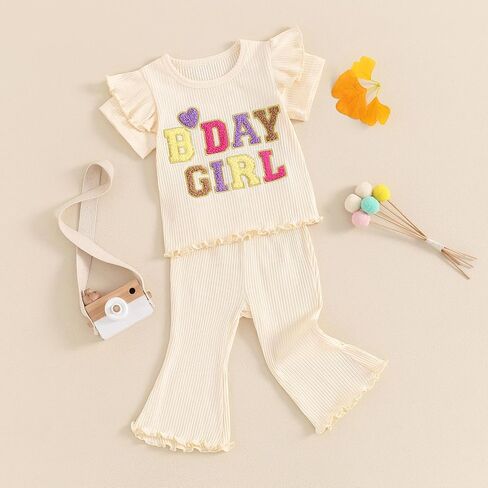 Kayotuas Toddler Baby Girl Birthday Outfit Ruffle Ribbed Knit Short Sleeve T-Shirts Tops Flare Pants Cute 2 Piece Clothes Set in Saudi Arabia