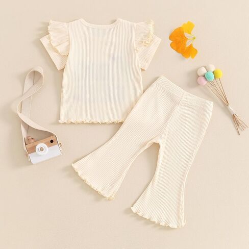 Kayotuas Toddler Baby Girl Birthday Outfit Ruffle Ribbed Knit Short Sleeve T-Shirts Tops Flare Pants Cute 2 Piece Clothes Set in Saudi Arabia