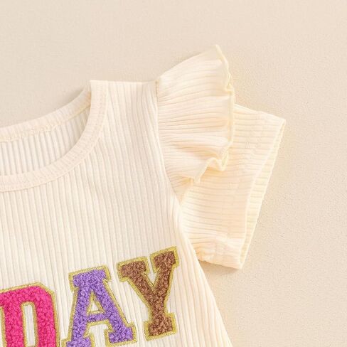 Kayotuas Toddler Baby Girl Birthday Outfit Ruffle Ribbed Knit Short Sleeve T-Shirts Tops Flare Pants Cute 2 Piece Clothes Set in Saudi Arabia