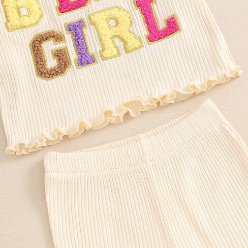 Kayotuas Toddler Baby Girl Birthday Outfit Ruffle Ribbed Knit Short Sleeve T-Shirts Tops Flare Pants Cute 2 Piece Clothes Set in Saudi Arabia