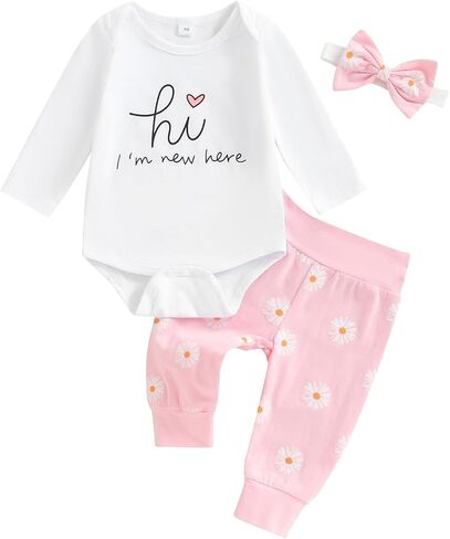 Newborn Baby Girl Clothes Coming Home Outfit Letter Print Romper Bodysuit Daisy Floral Pant Fall Hospital Outfit in Saudi Arabia