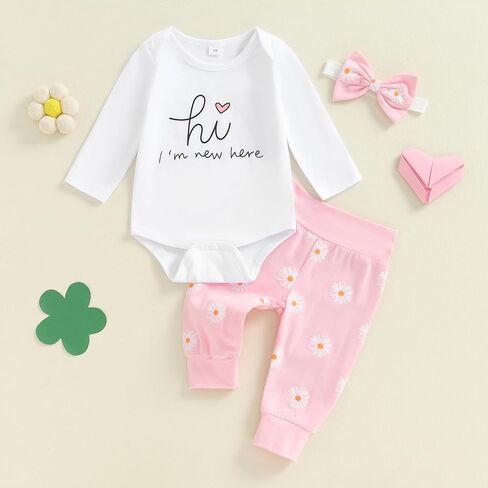 Newborn Baby Girl Clothes Coming Home Outfit Letter Print Romper Bodysuit Daisy Floral Pant Fall Hospital Outfit in Saudi Arabia