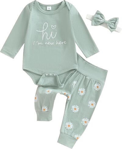 Newborn Baby Girl Clothes Coming Home Outfit Letter Print Romper Bodysuit Daisy Floral Pant Fall Hospital Outfit in Saudi Arabia