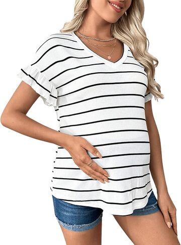 MakeMeChic Women's Maternity T Shirts Casual Striped V Neck Ruffle Short Sleeve Asymmetrical Hem Summer Pregnancy Tops in Saudi Arabia