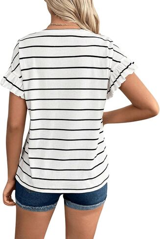 MakeMeChic Women's Maternity T Shirts Casual Striped V Neck Ruffle Short Sleeve Asymmetrical Hem Summer Pregnancy Tops in Saudi Arabia