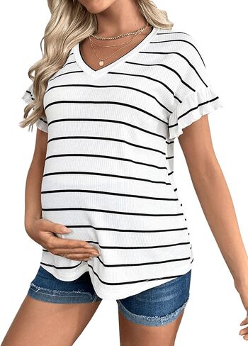 MakeMeChic Women's Maternity T Shirts Casual Striped V Neck Ruffle Short Sleeve Asymmetrical Hem Summer Pregnancy Tops in Saudi Arabia