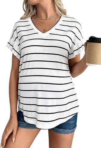 MakeMeChic Women's Maternity T Shirts Casual Striped V Neck Ruffle Short Sleeve Asymmetrical Hem Summer Pregnancy Tops in Saudi Arabia