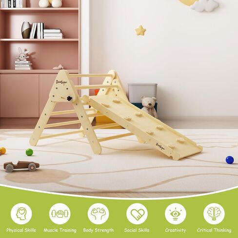 BanaSuper Foldable Pikler Triangle Climber with Ramp 2-in-1 Wooden Climbing Triangle Set with Ladder & Slide Montessori Climbing Toys for Toddler Kids Indoor Playground Play Gym Gift for Boys Girls in Saudi Arabia