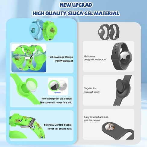 [2 Pcs] for AirTag Bracelet Kids, Cartoon Kids Air Tag Wristband Waterproof Air Tag Holder Cute Hidden Design Air Tag Accessories, Soft Silicone Air Tag Case for Kids (Blue+Green) in Saudi Arabia