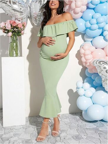 فستان حمل نسائي من MakeMeChic كاجوال بدون أكتاف وحاشية مكشكشة فستان متوسط ​​الطول للحمل in Saudi Arabia