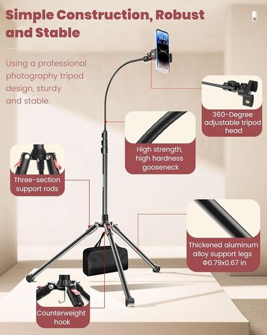 87" Phone Tripod, Overhead Flexible Tall Tripod Stand with Remote, Selfie Stick, Compatible with iPhone, 15.7" Gooseneck/Adjustable 360 Head, Gopro/Ring Light/Webcam/Video Recording/Vlogging in Saudi Arabia