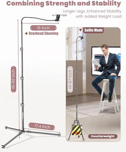 87" Phone Tripod, Overhead Flexible Tall Tripod Stand with Remote, Selfie Stick, Compatible with iPhone, 15.7" Gooseneck/Adjustable 360 Head, Gopro/Ring Light/Webcam/Video Recording/Vlogging in Saudi Arabia